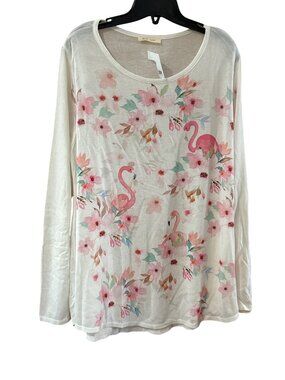 Phil Love Womens 2X White Floral & Flamingo Long Sleeve Lightweight Top New